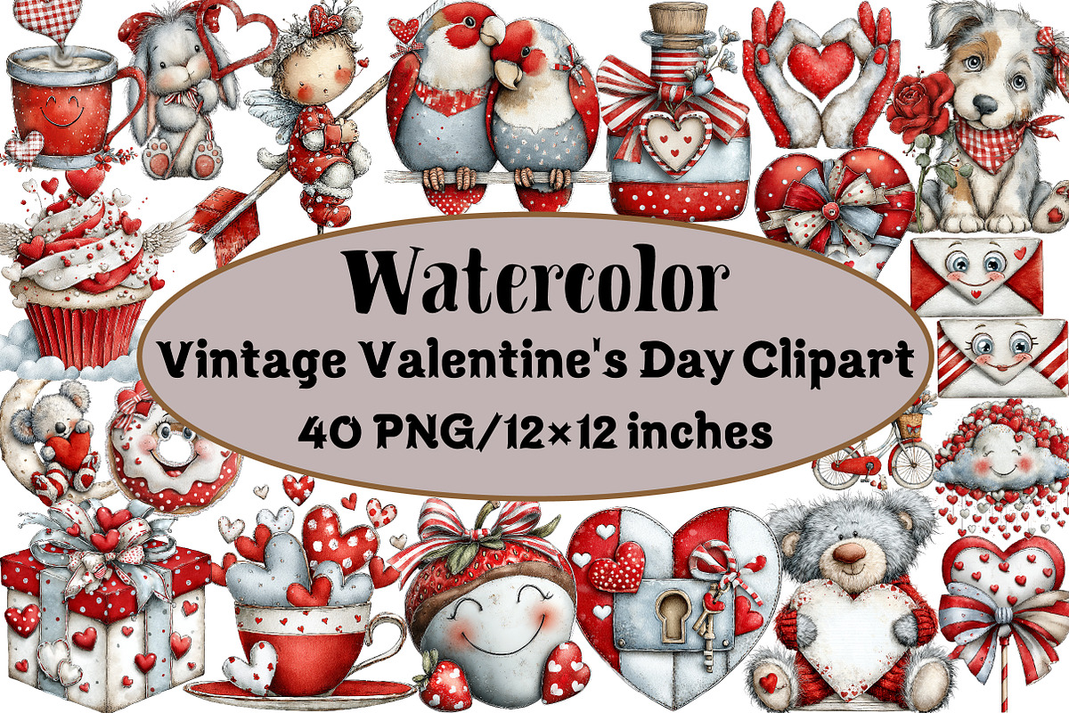 Vintage Cute Valentine's Day Clipart, an Illustration by Design Market (Photo 1 of 3)