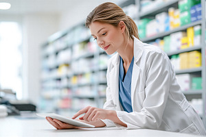 Pharmacist using tablet in pharmacy
