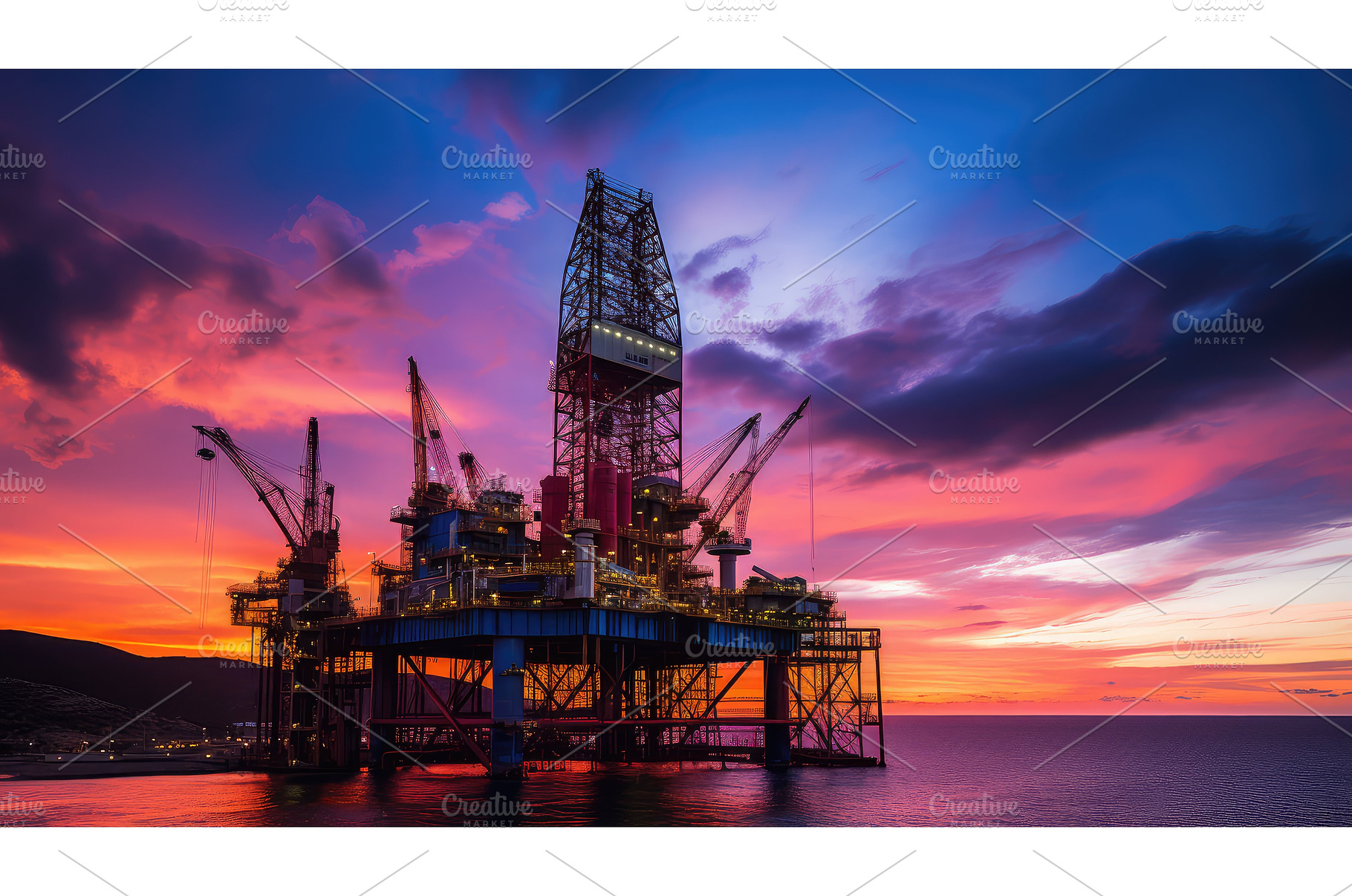 suncaptures oil rig at sunset ai, a Background Photo by pikepicture