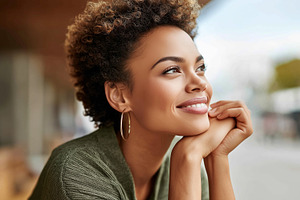 Smiling young woman with curly hair, a Person Photo by MistyDay