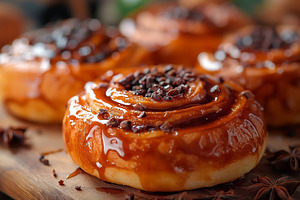 Delicious caramel swirl cinnamon rolls topped with chocolate spr, a Food & Drink Photo by ImageMir