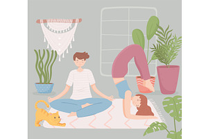 couple in home doing yoga, an Animal Illustration by studiogstock