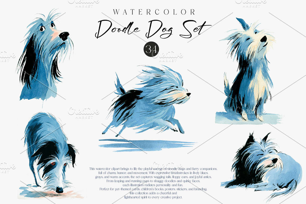 Watercolor Doodle Dog Clipart Set, an Illustration by CreationArt (Photo 4 of 7)