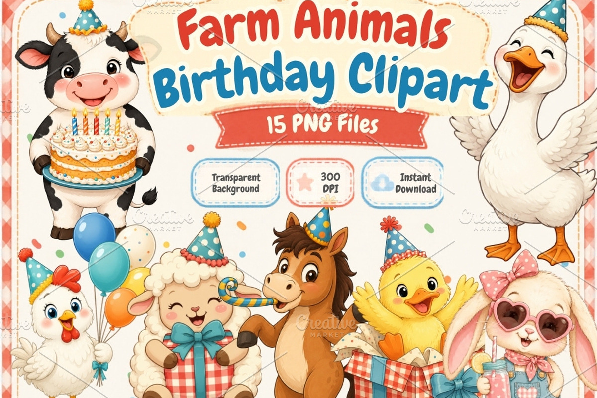 Farm Animals Birthday Clipart Bundle, a Seasonal Illustration by Tanya Kart (Photo 1 of 5)