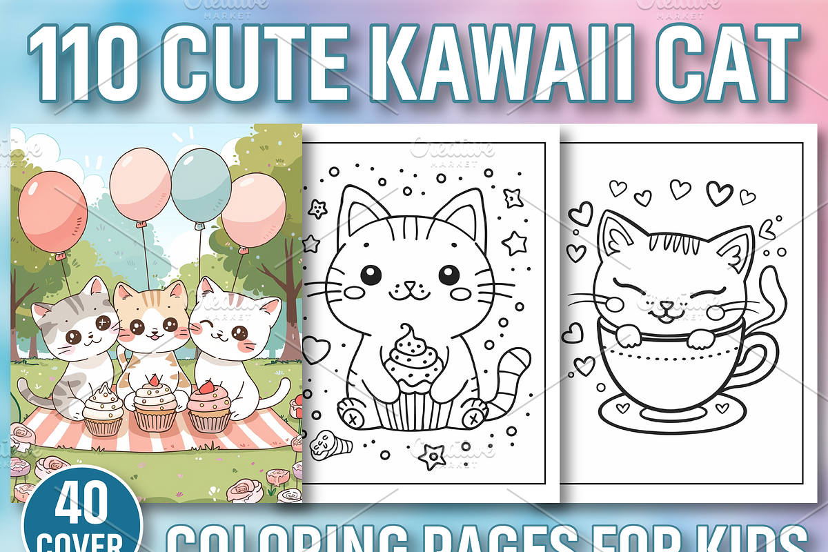 Cute Kawaii Cat Coloring Pages, a Decorative Illustration by Design Station (Photo 1 of 4)