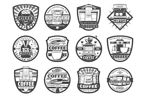 Hot Coffee Icons, Beans And Cups