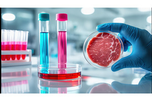 Scientist holding lab-grown meat, an Illustration by tilialucida