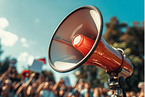 Red megaphone addressing a crowd of, an Abstract Photo by Ylivdesign