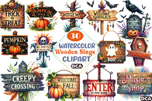 1Halloween Wooden Sings Clipart, an Illustration by DreamCafeArt