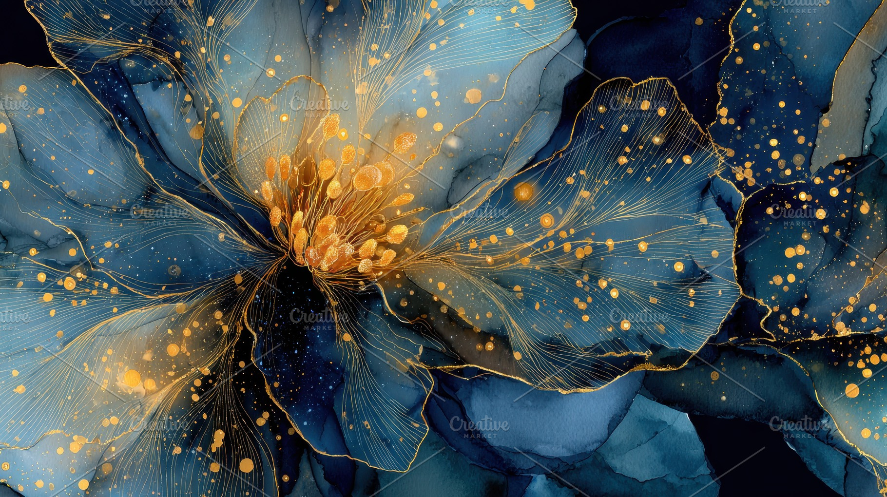 Blue and gold flower with abstract, a Photo by Pavel_design
