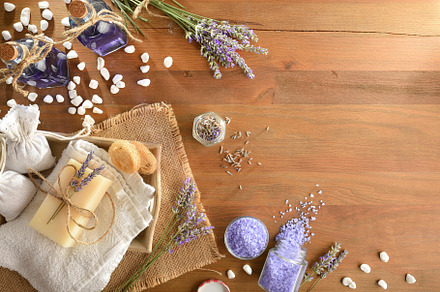 Body hygiene products with lavender essences on wooden table, a Health & Medical Photo by Davizro's Market
