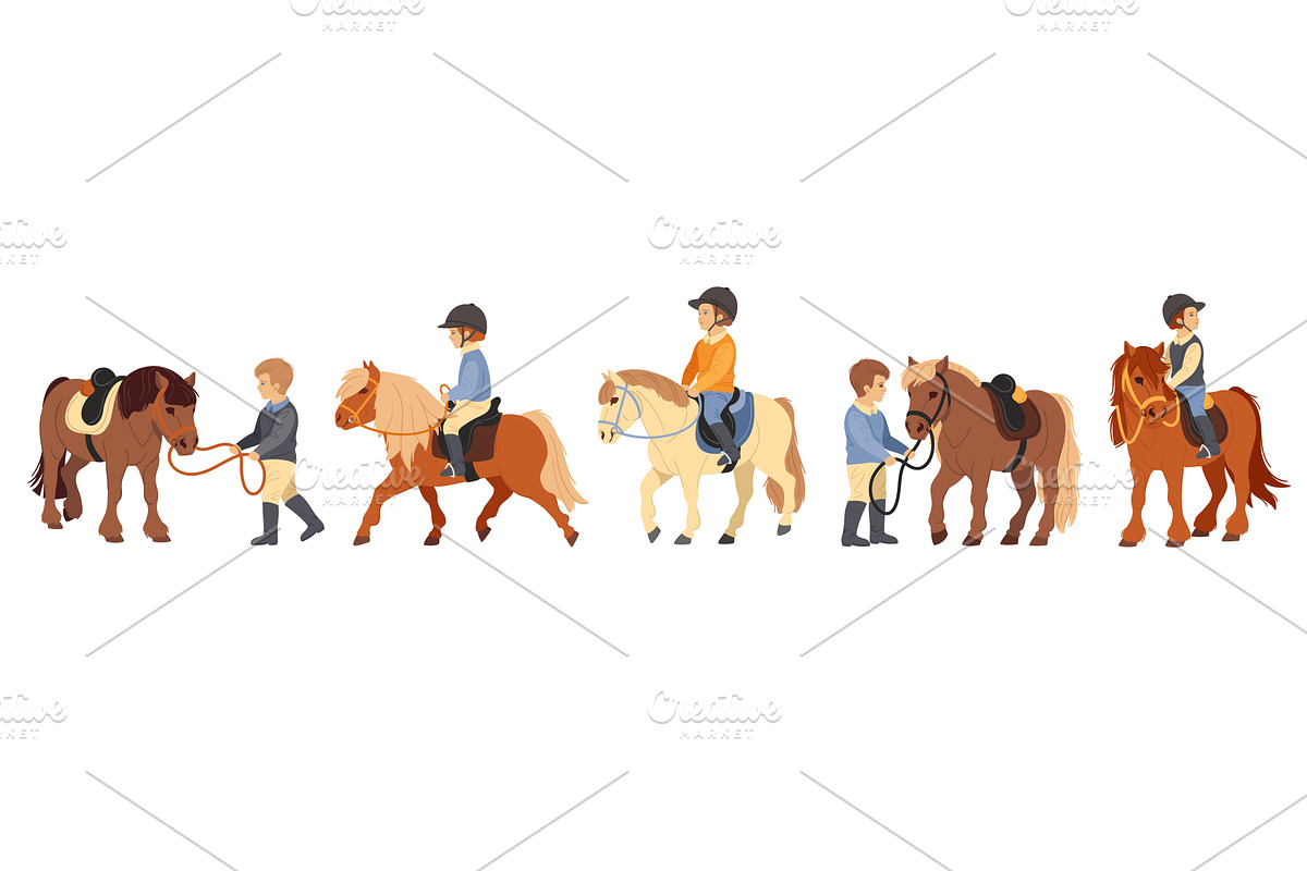Kids pony riding. Children learning, an Animal Illustration by winwin.art