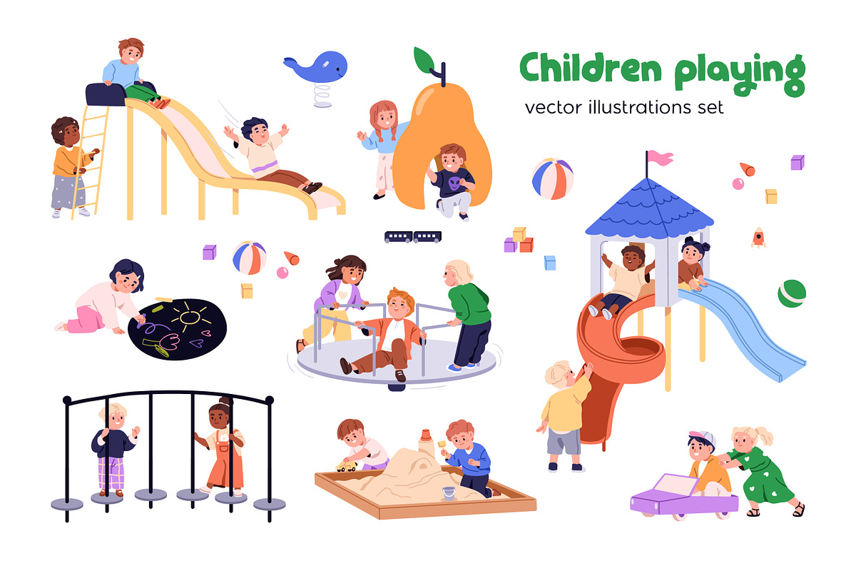 Happy kids playing on playground set, a Person Illustration by Good Studio (Photo 1 of 3)