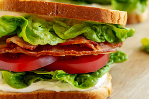 Homemade BLT (Bacon Lettuce Tomato) Sandwich with Mayo, side vie