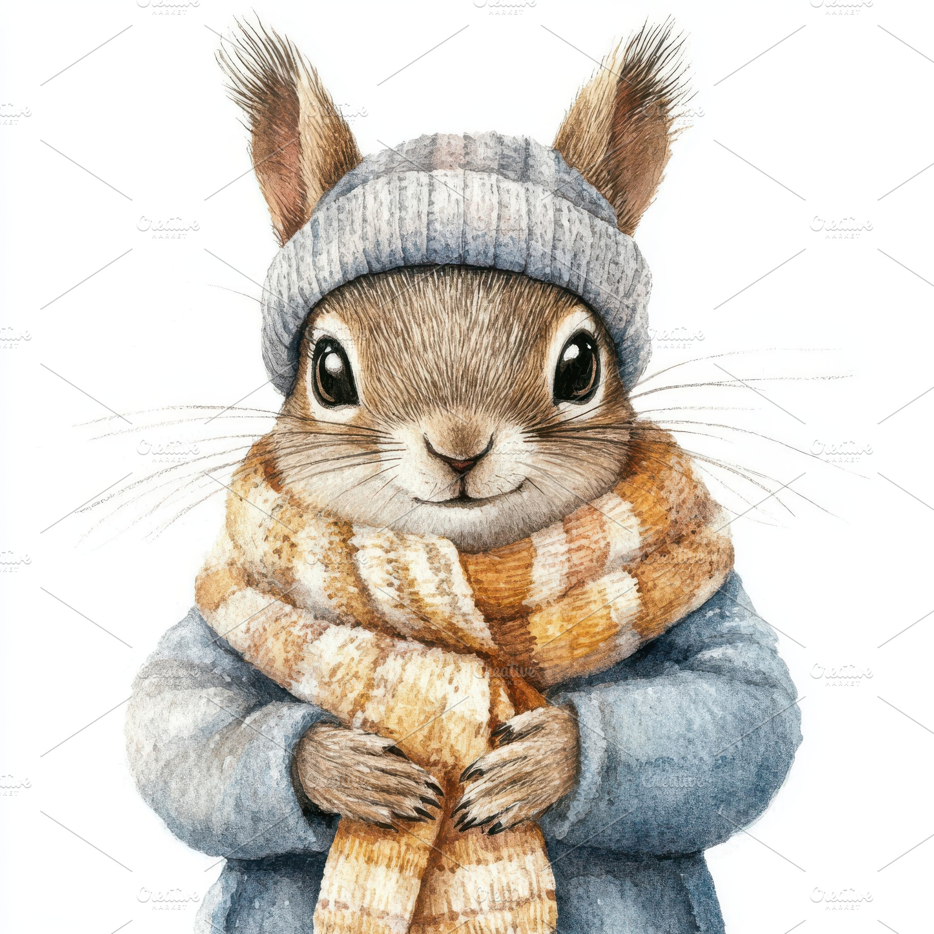 Cute squirrel in winter hat and scar, an Animal Photo by Pixeness Studio