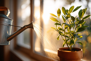 Watering indoor plants during a sunny Sunday morning ritual in a cozy home, a Nature Photo by AlyaAnd