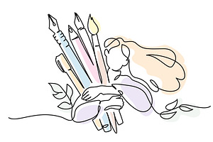 Happy girl hugs her pencil, brush, a Person Illustration by Valenty