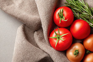 Fresh tomatoes on soft beige cloth, a Food & Drink Photo by AlyaAnd
