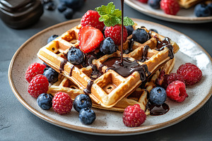Delicious waffles topped with fresh berries and rich chocolate sauce on a cozy, a Food & Drink Photo by AlyaAnd