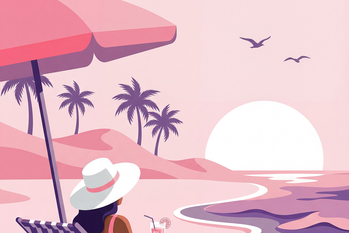 Tropical Beach Sunset with Woman, a Person Illustration by Virgo Studio