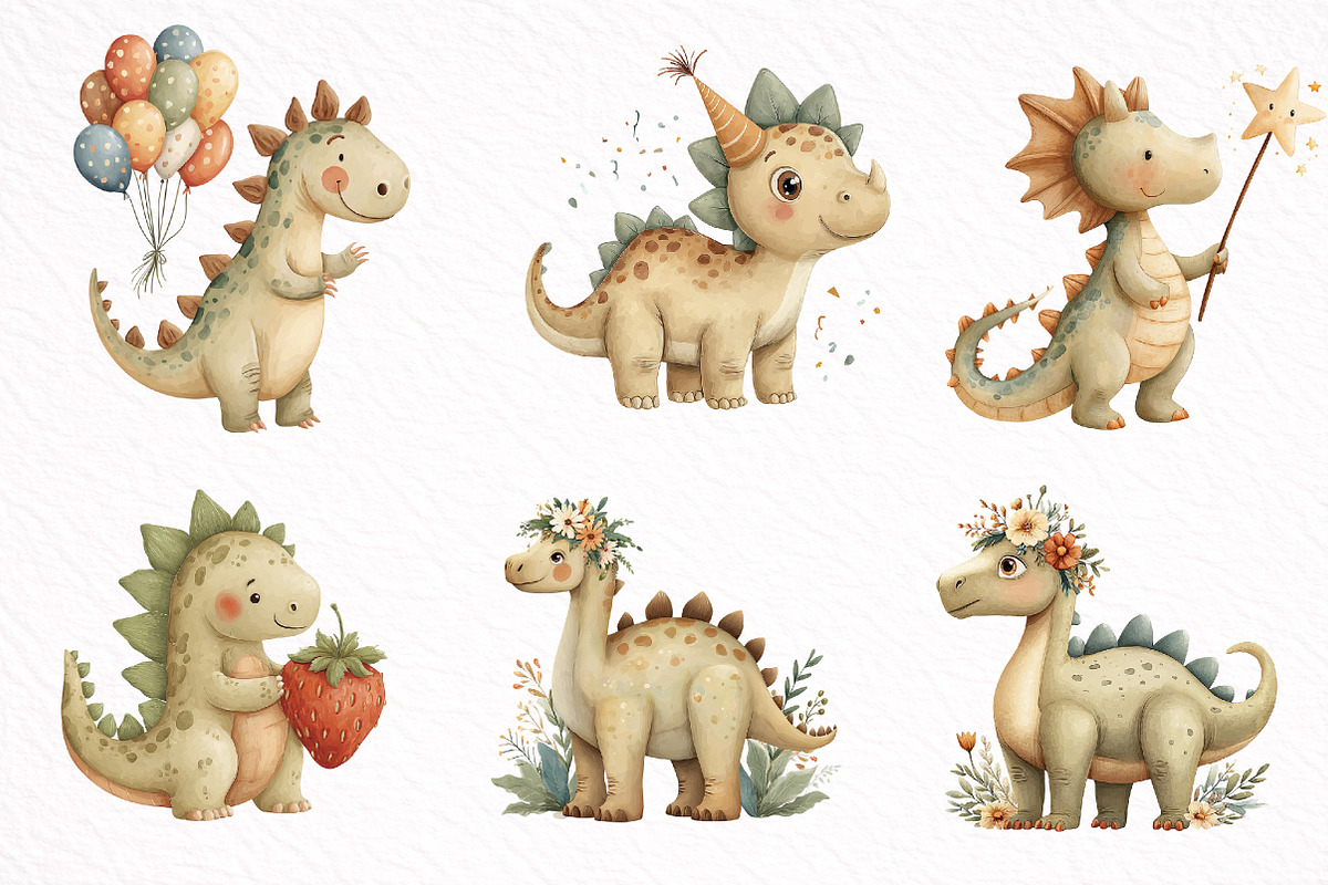 Watercolor Baby Dinosaur Clipart, an Illustration by DreamArtGraphic (Photo 5 of 8)