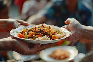 Volunteers giving the plate of food to homeless people, a Food & Drink Photo by AlyaAnd