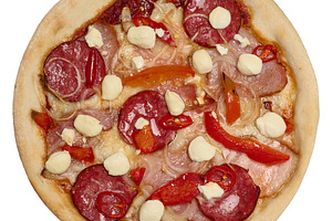 Appetizing pizza with salami sausage, ham and mozzarella cheese, a Food & Drink Photo by ndanko