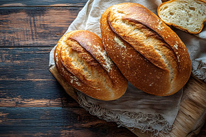 Freshly baked rustic bread on wooden background, a Food & Drink Photo by Photostock