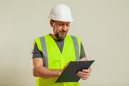 worker in a vest and white helmet, a Person Photo by Photostock