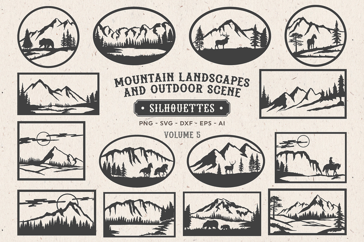 Mountain Scenes Silhouettes Vector 5, an Object Illustration by Seaquint (Photo 1 of 5)