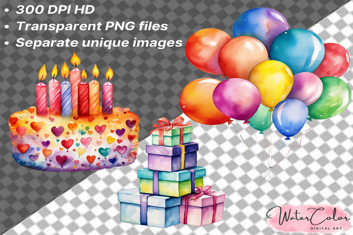 Happy Birthday Clipart Collection, a Decorative Illustration by Watercolor Digital (Photo 6 of 9)