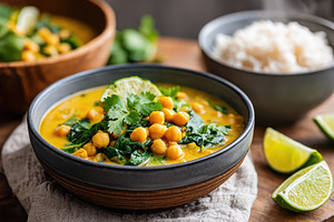 Steaming cauliflower and chickpea curry with rice, a Food & Drink Photo by AlyaAnd