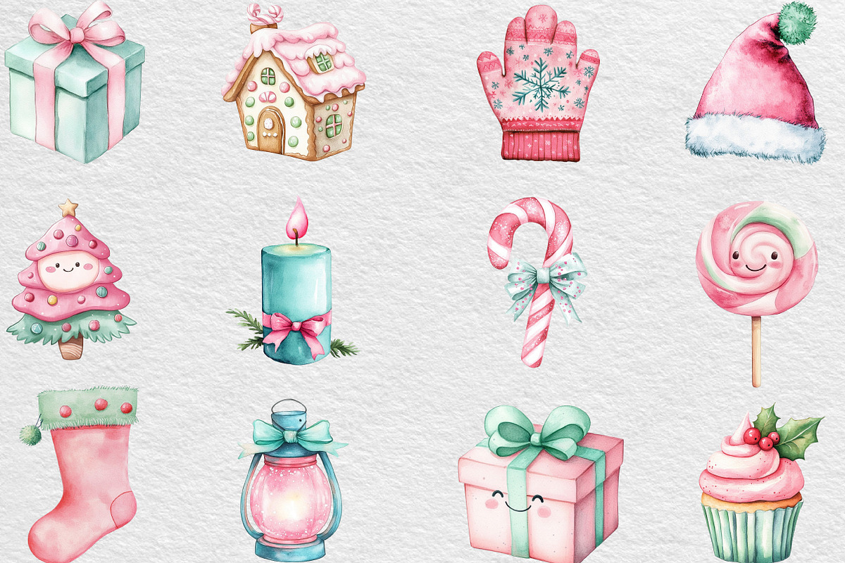 Kawaii Pink Mint Christmas Clipart, an Illustration by Black Bird Studio (Photo 2 of 6)