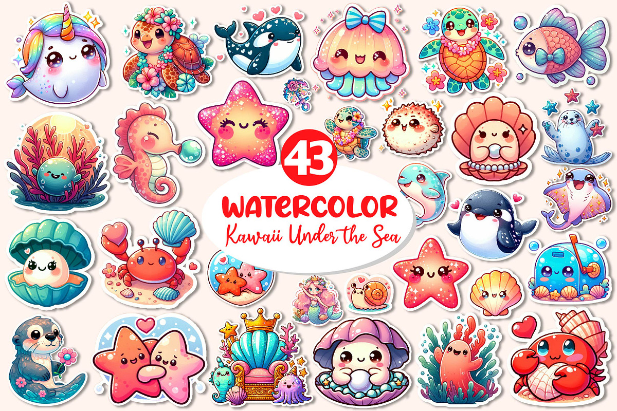 Kawaii Sea Animals Sticker Clipart, an Illustration by Dream Creation (Photo 1 of 5)