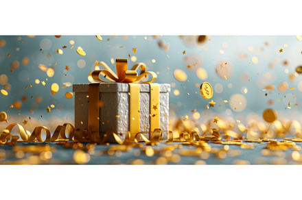Gift box with floating gold coin and, a Business Photo by ZinetroN