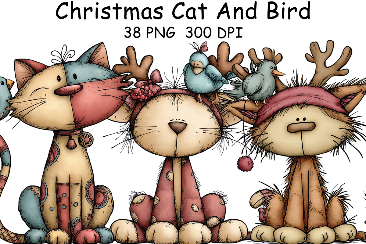 Christmas Cat And Bird Clipart, an Illustration by CraftArtStudio (Photo 1 of 6)