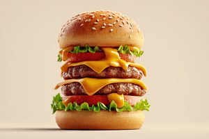 Double cheeseburger with melting cheddar on beige background, a Food & Drink Photo by AlyaAnd
