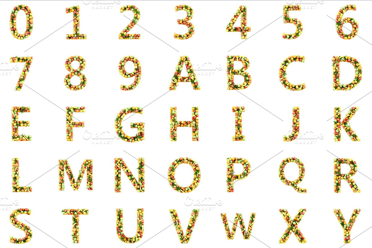 letters and numbers made from fruits