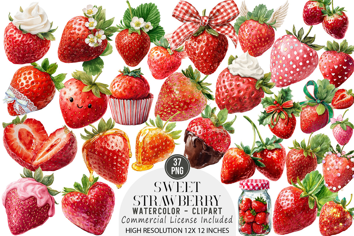 Watercolor Sweet Strawberry Clipart, an Illustration by DreamArtGraphic (Photo 1 of 4)