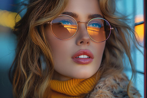 A young Caucasian woman with wavy blonde hair and stylish sunglasses, gazing th, a Person Photo by ImageMir