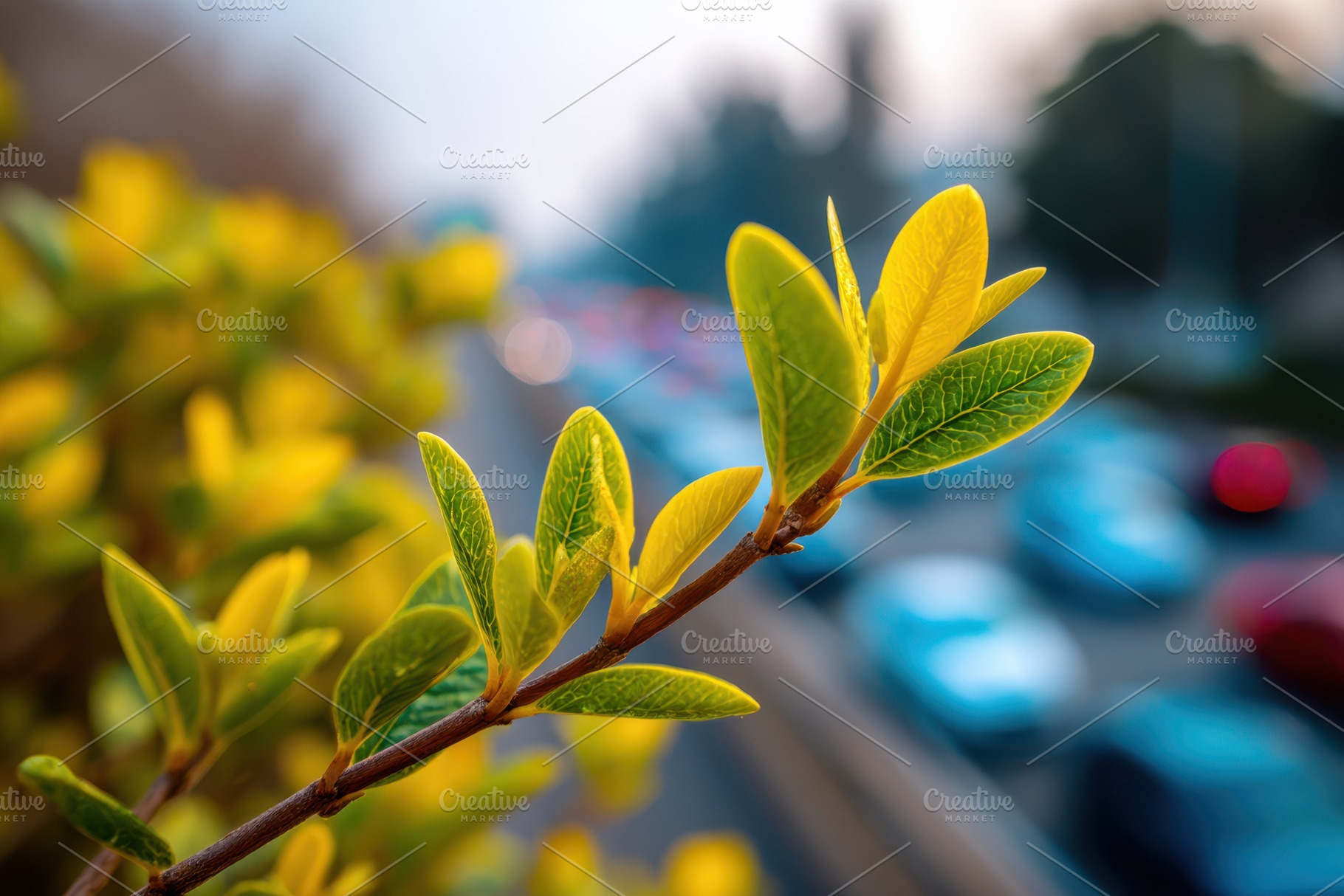 Sunlit green leaves over blurred city street, a Nature Photo by AlyaAnd