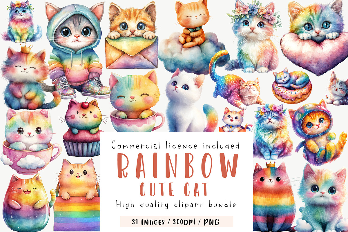 Adorable Rainbow Cute Cat Clipart, an Illustration by CreationArt (Photo 1 of 9)