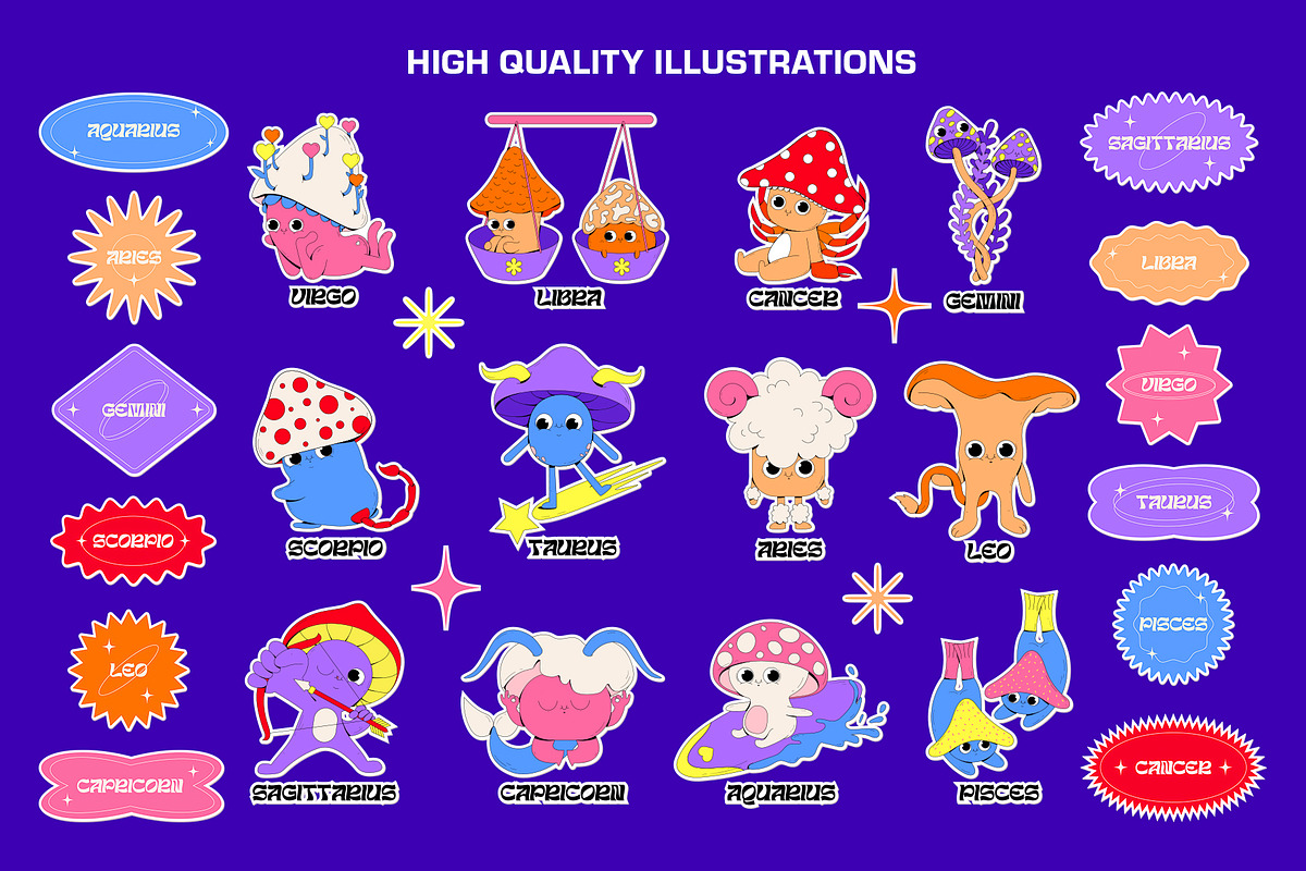 Shroomy Zodiac - vector stickers, an Illustration by marmarina (Photo 2 of 11)