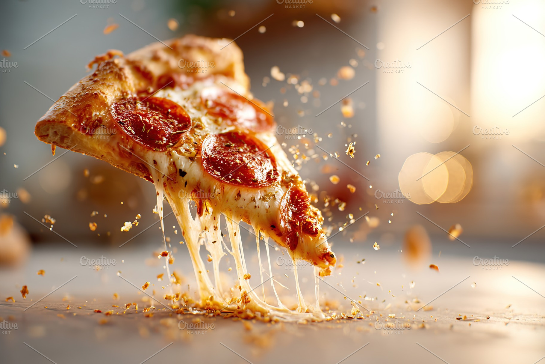 Slice of pepperoni pizza floats in mid-air with strings of cheese extending, a Photo by AlyaAnd