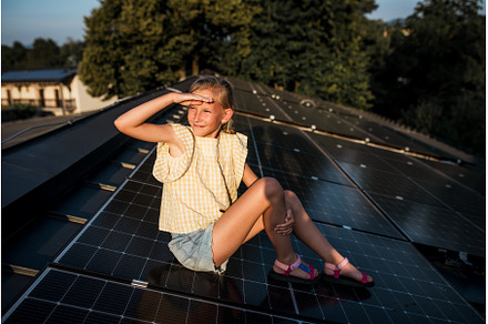 Girl sitting on roof with solar