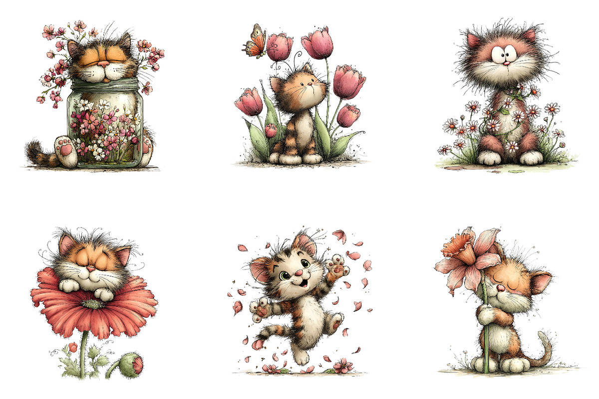 Whimsical cat pring floral clipart, an Illustration by CreationArt (Photo 7 of 7)