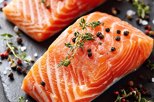 Fresh thick salmon fillets with marbling resting on a textured slate plate, a Food & Drink Photo by AlyaAnd