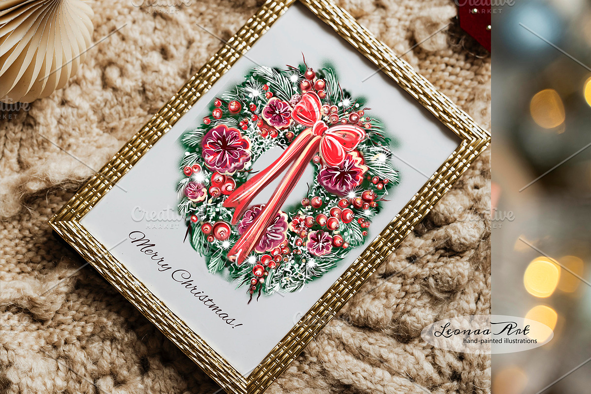 Merry Christmas Wreaths Clipart Set, a Seasonal Illustration by Leonaa art (Photo 5 of 21)