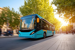 Modern city bus driving at sunset, a Transportation Photo by AlyaAnd