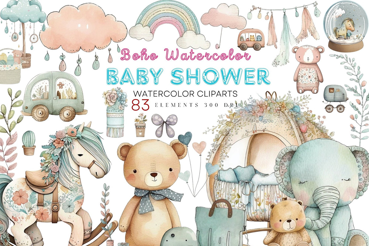 Watercolor Boho Baby Shower Clipart, a Graphic by Digitals Art Hub (Photo 1 of 8)